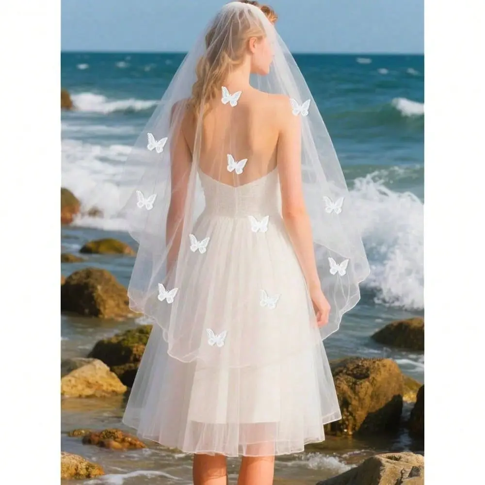 Bride Wedding Veil White Short Fingertip Length 1 Tier Pearl Bridal Tulle Veils With Comb For Women