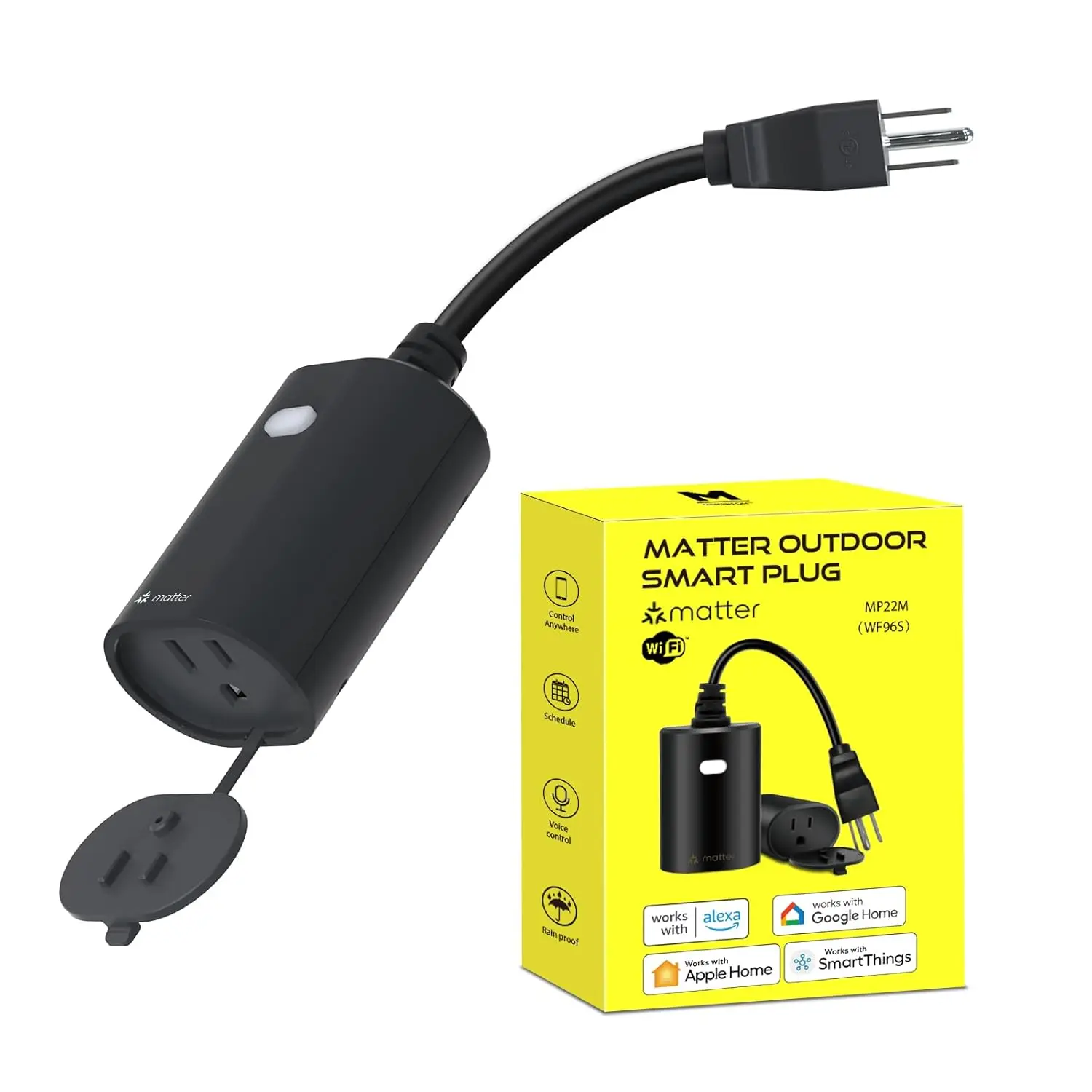 

Умная уличная розетка Wi-Fi, усиленная, водонепроницаемая IP65, совместима с Alexa, Google Home, Apple HomeKit, дистанционное управление, 15 А, черная