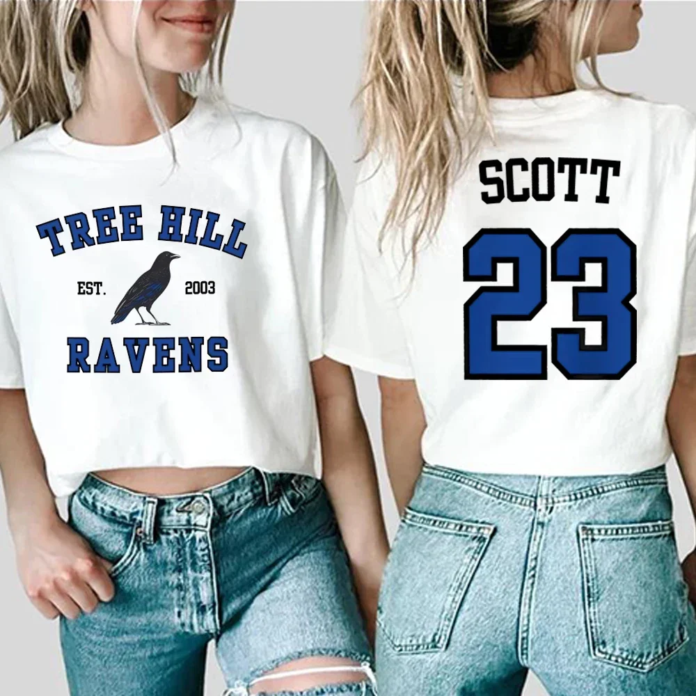 تي شيرت نسائي من One Tree Hill قميص شجرة هيل الغراب قميص ناثان سكوت 23 كارولينا الشمالية تي شيرت تلفزيوني OTH Merch 2 قطع علوية مطبوعة جانبية