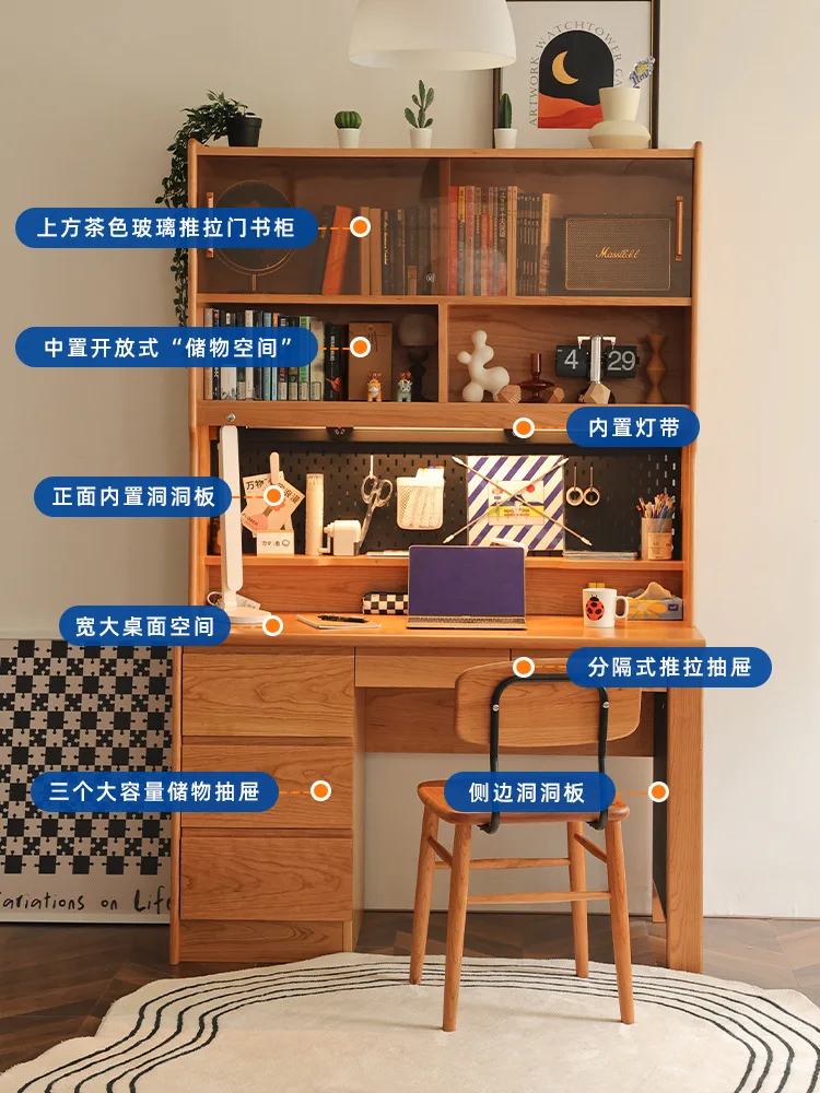 مكتب من الخشب الصلب الاسكندنافي، خزانة كتب منزلية صغيرة، رف كتب، مكتب كمبيوتر متكامل للدراسة #2