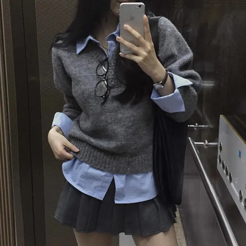 Autumn Korean Fashion Color-blocked Fake Two-piece Knitted Pullover Women Lapel Collar Minimalist Design Sweater Top Office Lady