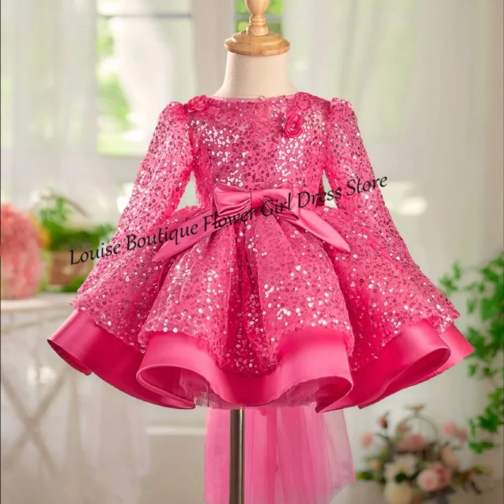 Abito da ragazza di fiore principessa rosa caldo con paillettes A-Line Appliques Abiti a maniche lunghe Abiti da festa di compleanno per prima comunione per ragazze
