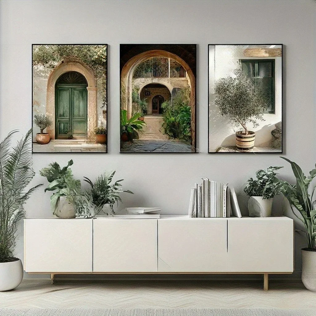 3pcs frameless Canvas Painting 3pcs/set Mediterranean Stone Arches Olive Tree Potted Plants Canvas Printing Retro Green Door Wal