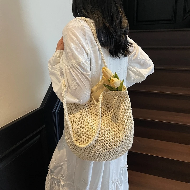 

Большая вместительная сумка через плечо из хлопковой пряжи, вязаная из соломки, повседневная пляжная сумка в стиле бохо для женщин, летний подарок