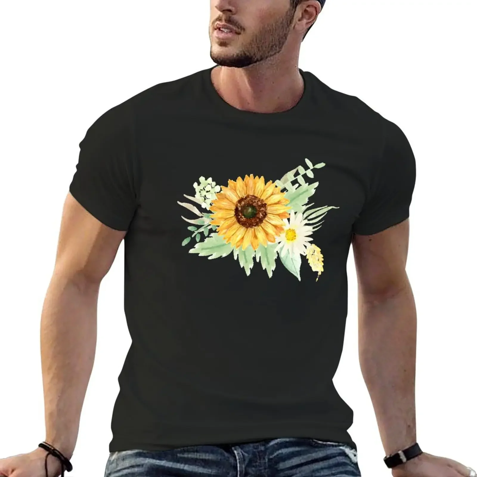 

Sunflowers and Daisies Watercolor Art Pattern Beige T-Shirt anime figures Short sleeve tee plain plus size men clothing