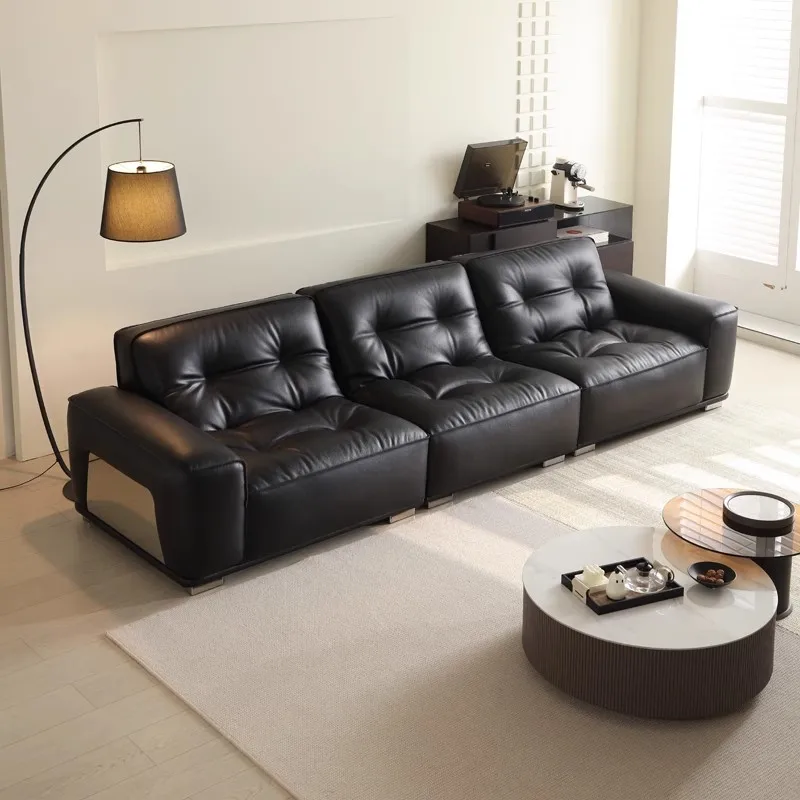 Minimalist leather sofa, black 2024 new living room, retro, sofa