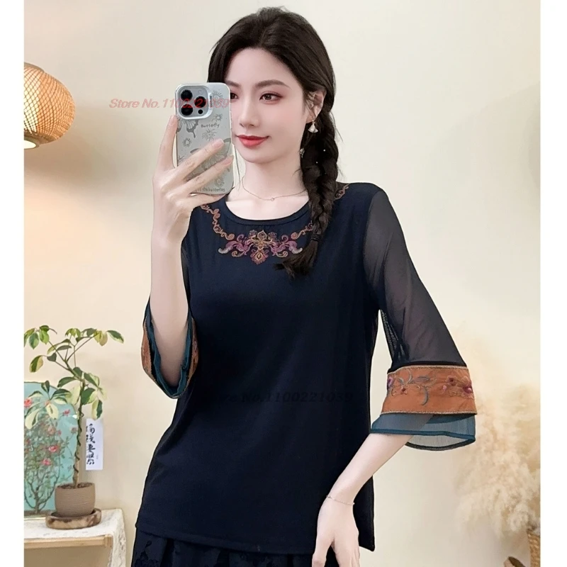 

2025 chinese traditional t-shirt national flower embroidery o-neck ethnic shirt vintage hanfu tops retro mesh sleeve base shirt