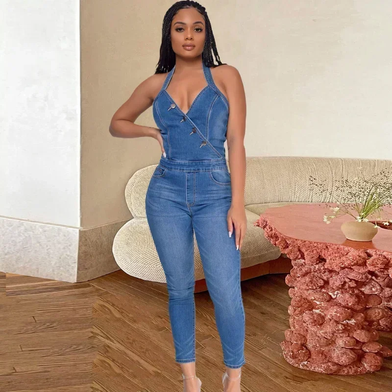 

GUWU сексуальный вечерний джинсовый комбинезон с открытой спиной и лямкой на шее, комбинезон без рукавов на пуговицах, женские повседневные джинсы, женский комбинезон, комбинезон
