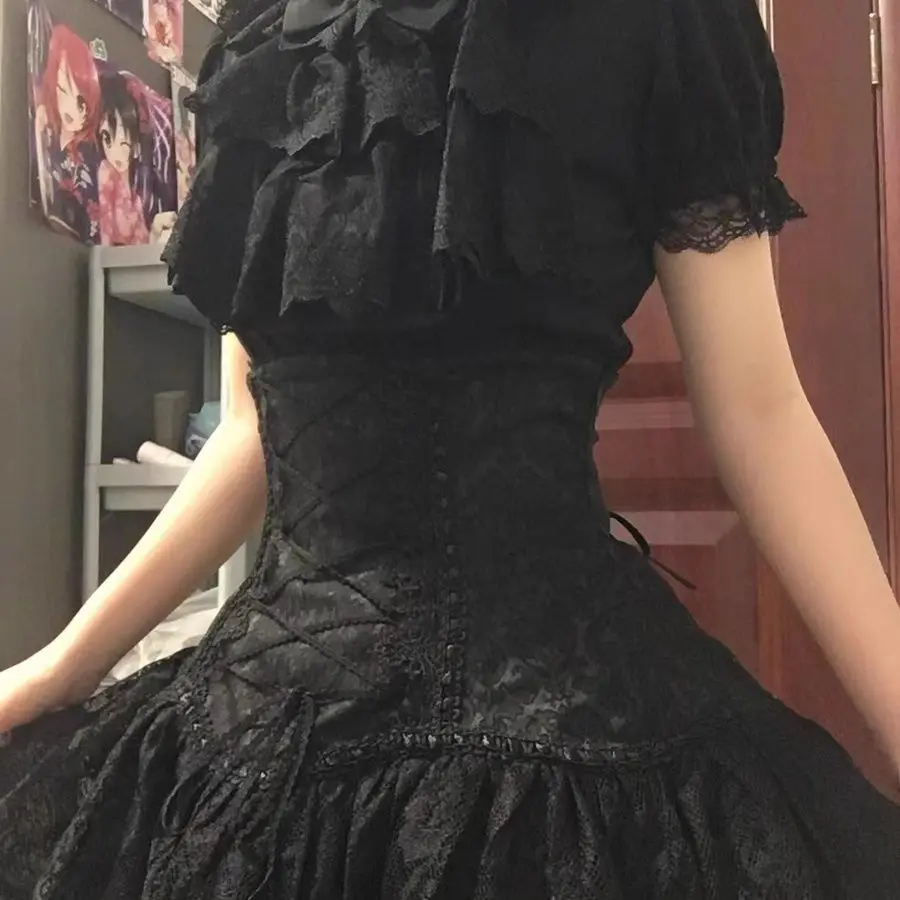 

NONSAR Лолита Готическая Юбка Женская Винтажная Кружевная Лоскутная Высокая Талия Бандажный Корсет Юбка Эстетическая Fairycore Y2k Черные Юбки