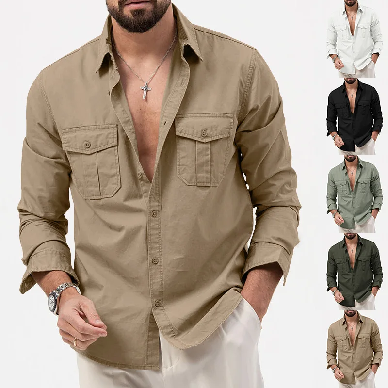 Japanese retro work shirt, men\'s high-end feeling, men\'s shirt with multiple pockets, casual long sleeved shirt, men\'s shirt
