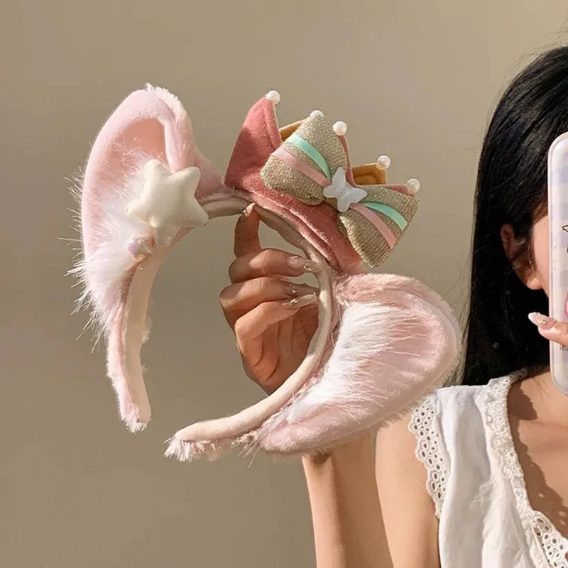 

Disney Lina Belle Hair Hoop Cartoon Pink Bow Plush Ears Female High Headband Hair Clip Girl Gift