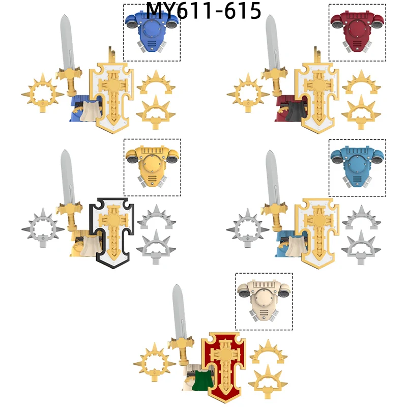 Figuras de acción escudo armas pantalones piezas de cabello modelo bloques ladrillos MOC Set regalos juguetes para niños MY611-MY615