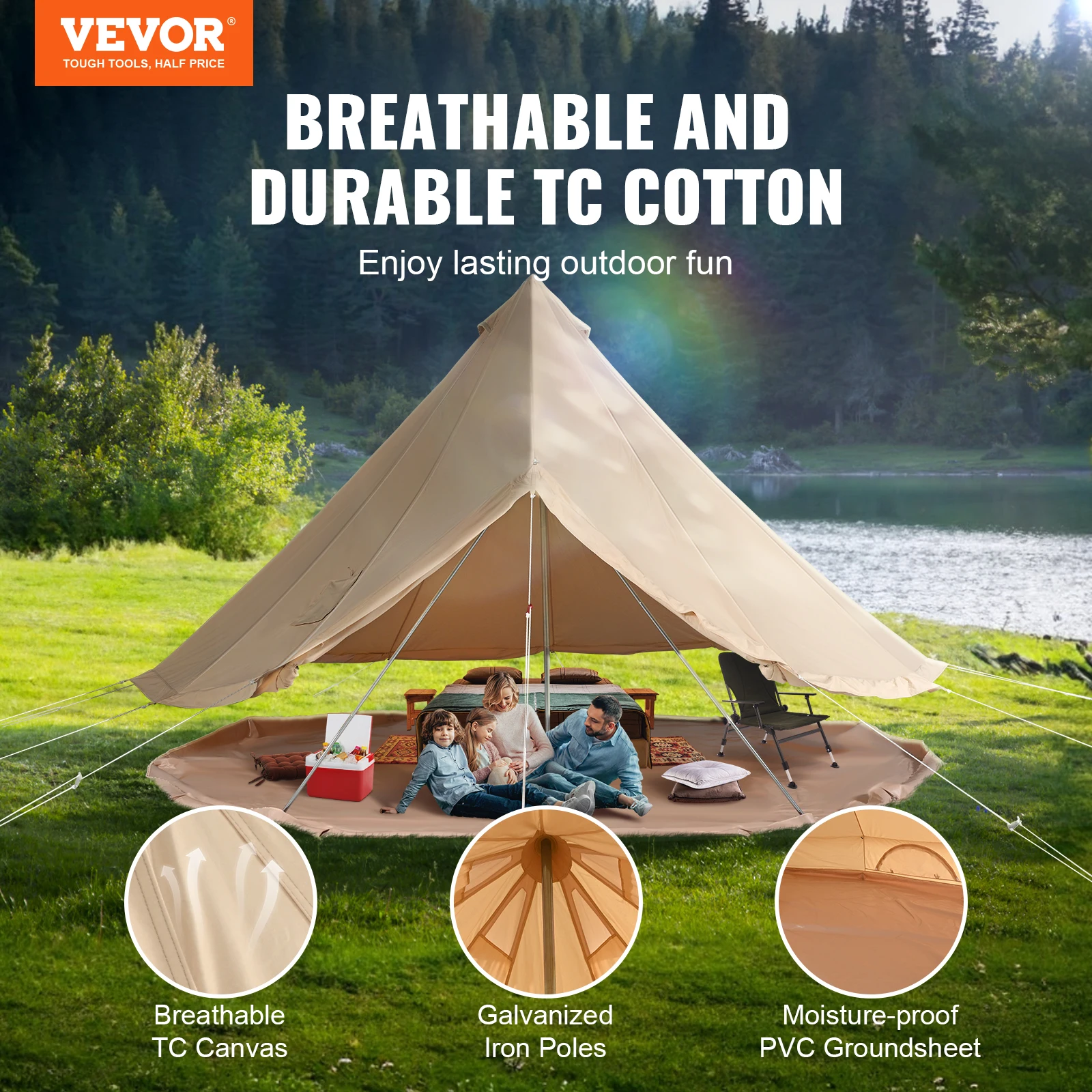 VEVOR Canvas Bell Tent, 4 Seasons Yurt Tent, Canvas Tent for Camping, Breathable Tent Holds up to 4 People, for Family Camping