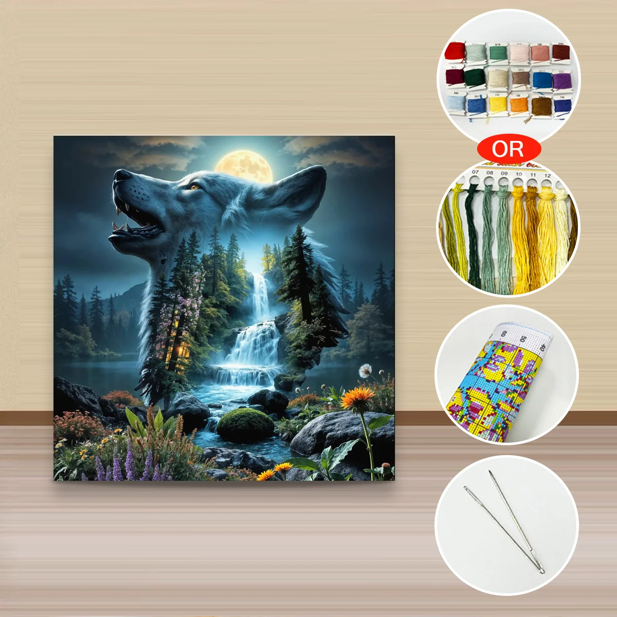 1 Stück 40x40 cm/15,74 Zoll, 11Ct/14Ct Kreuzstich-Set, DIY Valentinstagsgeschenk, Stickerei-Set für Festivals, Wolf-Wasserfall-Doppelbild – Detail 2