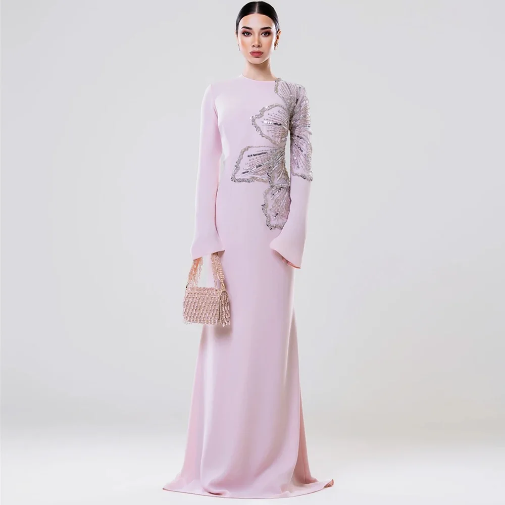 

Exquisite Customized Sequined Evening Dress Temperament O-Neck Straight Vestido De Noche Simple Jersey Long Sleeves Prom Dresses