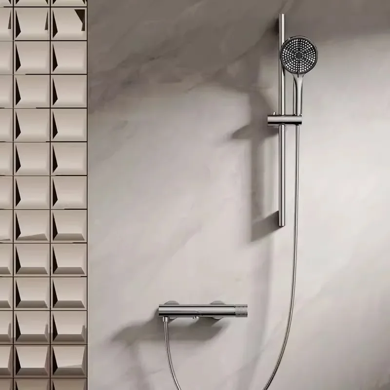 Bathtub Shower Set Hot and Cold Gray Bathroom Faucet Chrome Bathroom Foldable set with Slid Bar Brass