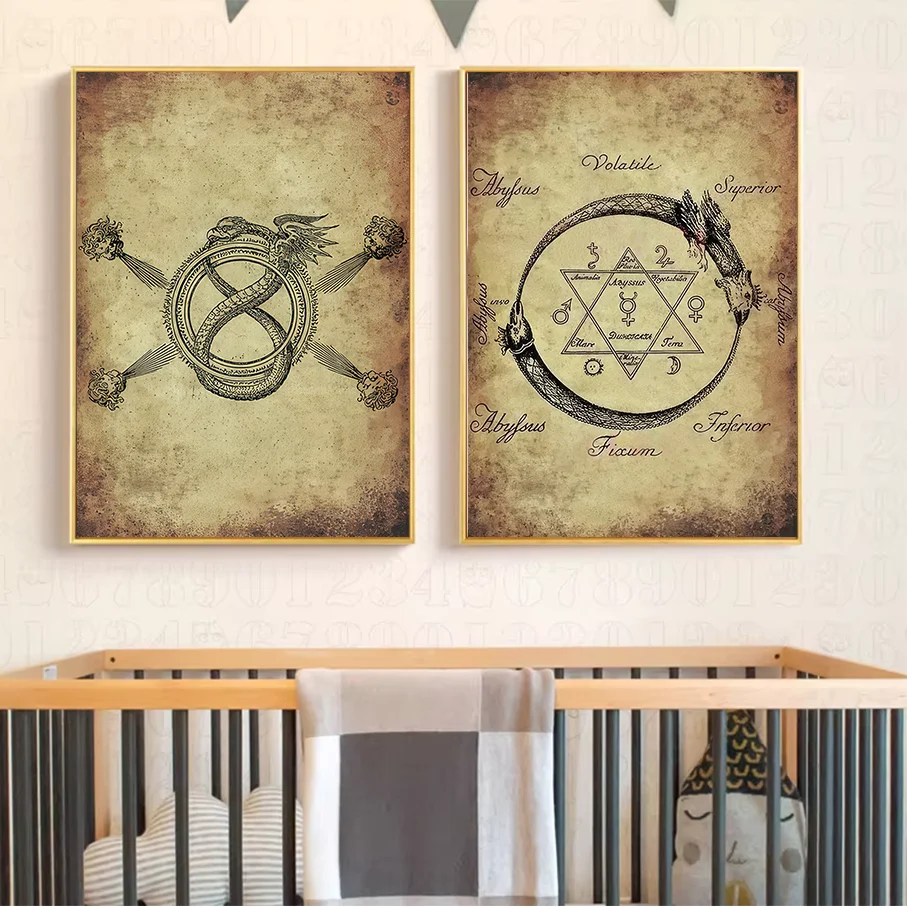 Vintage Alchemy Ouroboros Canvas Print Frameless Wall Decor Mystical Snake Hexagram Symbols Retro Parchment