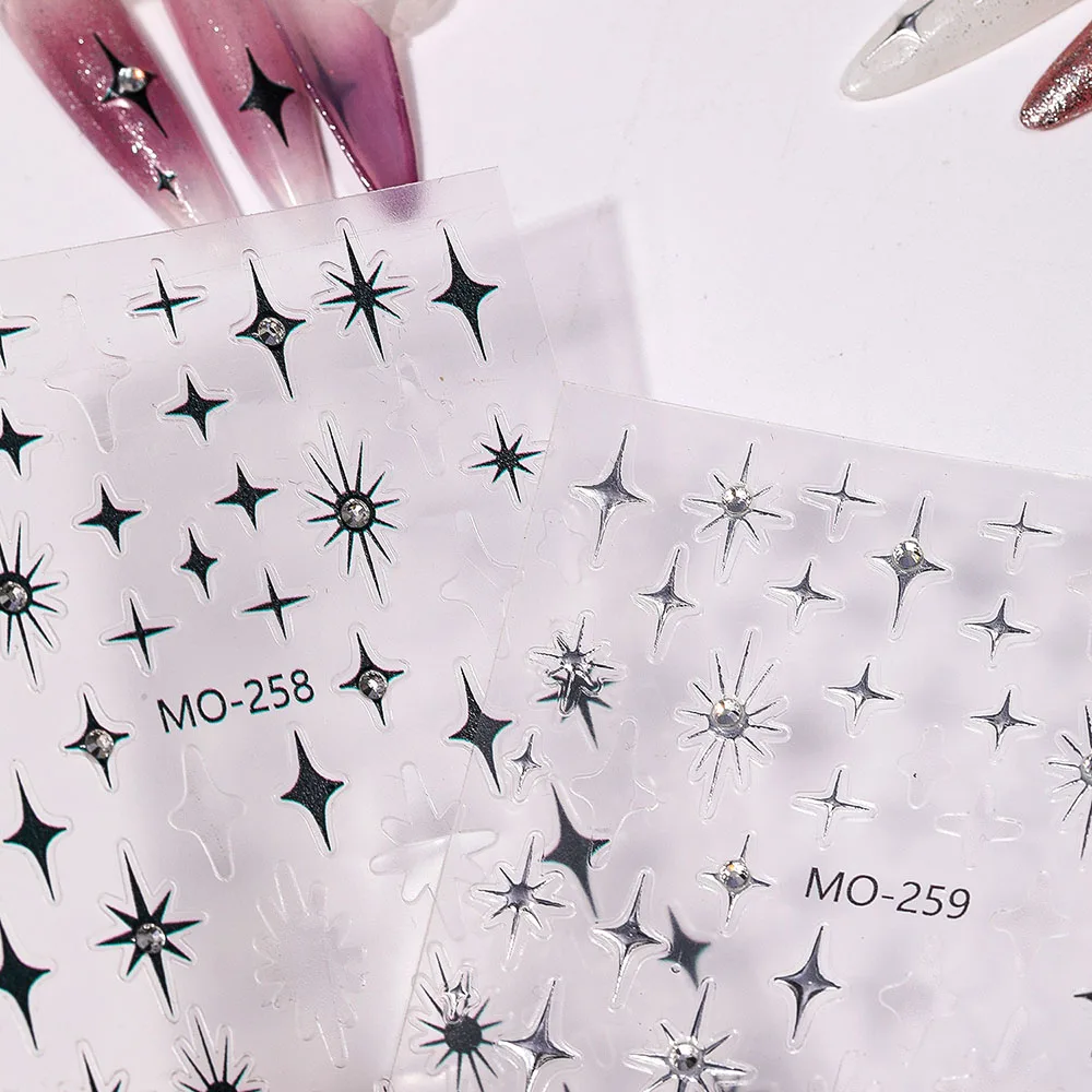 Diamond Star Nail Stickers 3D Glitter Luxury Balck Silver Star Self-adhesive 3D Sticker Decals with Crystals Nail Designs Slider