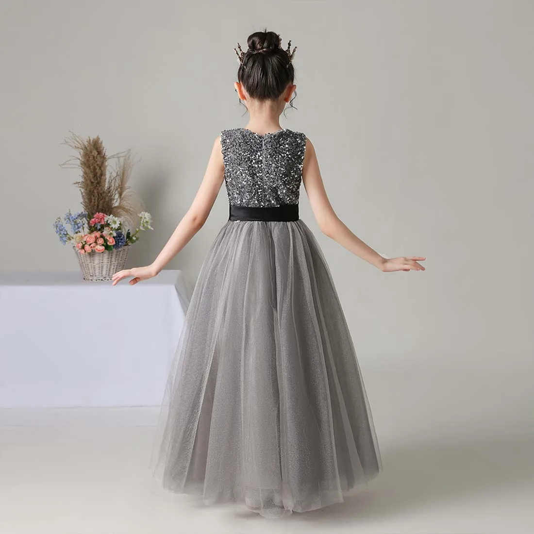 YZYmanualroom Flower Girl Dress Junior Bridesmaid Dress Sequin Tulle Wedding Pageant Gown for Birthday Party Grey 4-15T