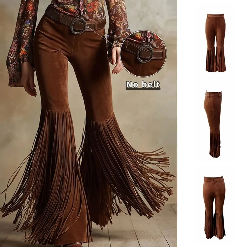 Solid Color Suede Tassel Pants Fringe Hem Splicing Design Retro High Waist Trousers Boho Style Streetwear Slim Fit Flare Pants