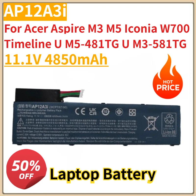 New High Quality AP12A3i AP12A4i Laptop Battery 11.1V 4850mAh For Acer Aspire M3 M5 Iconia W700 Timeline U M5-481TG U M3-581TG