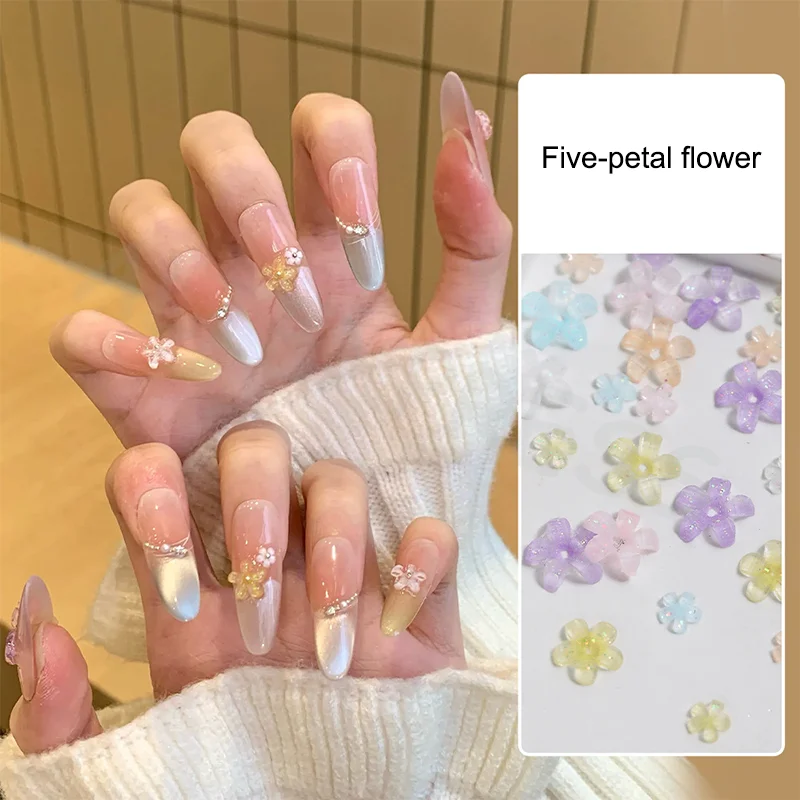 3D Shine Resin Manicure Decoration DIY Accessories 50Pcs Five Petal Flower Nail Art Charms Macaron Color