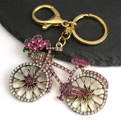 Aesthetic Romantic Bicycle Keychain for Women Girl Gold Color Metal Pink Rhinestone Bike Flower Key Ring Jewelry llaveros K9440