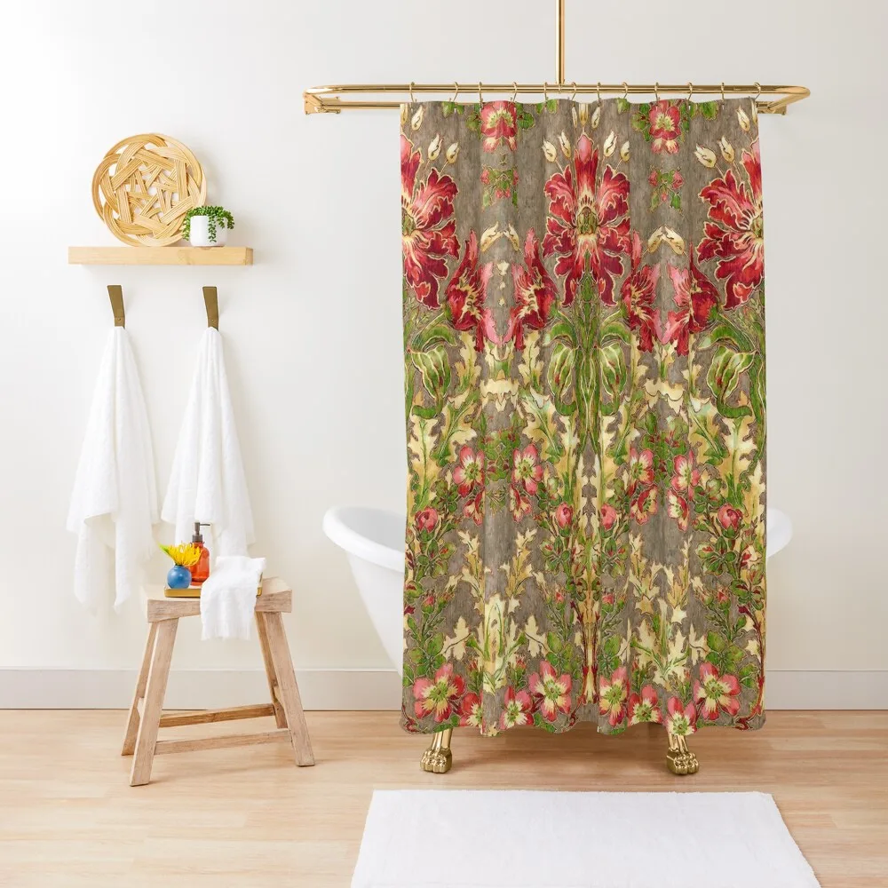 

CLARIDGE MANOR ,RED FLOWERS,WILD ROSES,GREEN FLORAL Shower Curtain Set For Bathroom Shower Bath Curtain