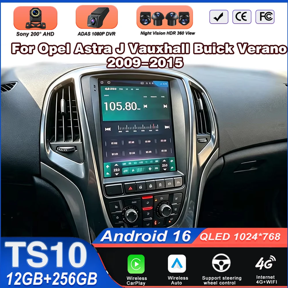 Android 16 Carplay For Opel Astra J Vauxhall Buick Verano 2009-2015 9.7 Inch Car Multimedia Player 5G Wifi Display Android Auto