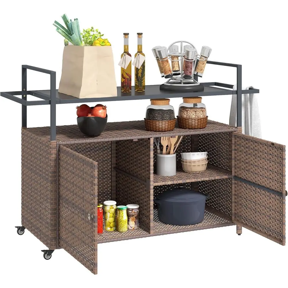 Outdoor Wicker Storage Cabinet, Bar Table with Wheels and 2-Tier Shelf, Patio Serving Cart with Glass Top, Towel Racks, Mixed Br