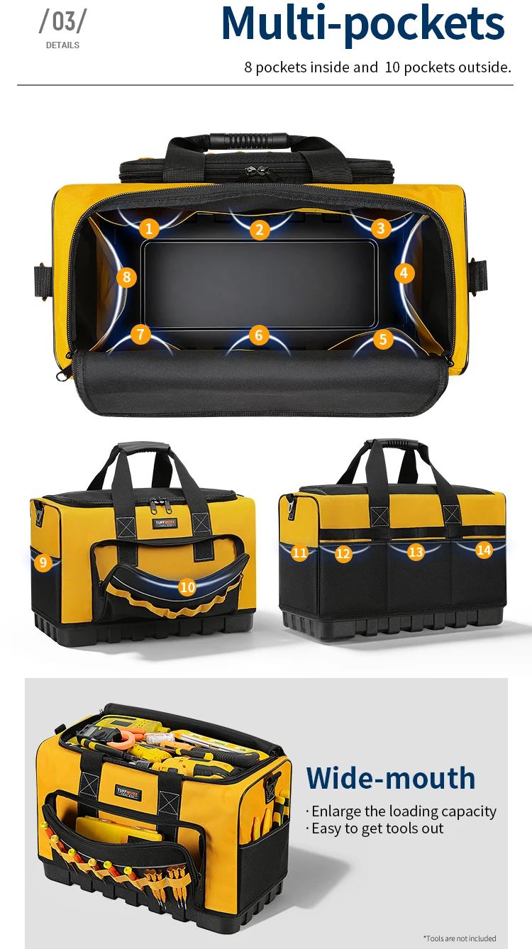TUFFWORX Werkzeugtasche mit festem Boden, robuste Werkzeugtasche mit mehreren Fächern, Werkzeugtasche mit verstellbarem Schultergurt – Detail 4
