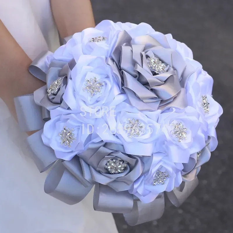 for Amazon New Silver Rhinestone Bridal White Rose Bouquet Bridesmaids Chapel Wedding Immortal Bouquet Wholesale Spot