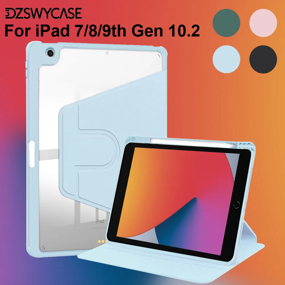 

360 ° Вращающийся чехол-подставка для iPad 9/8/7 поколения 10,2 дюйма (2021/2020/2019), с подставкой для карандашей, чехол с автоматическим режимом сна/пробуждения