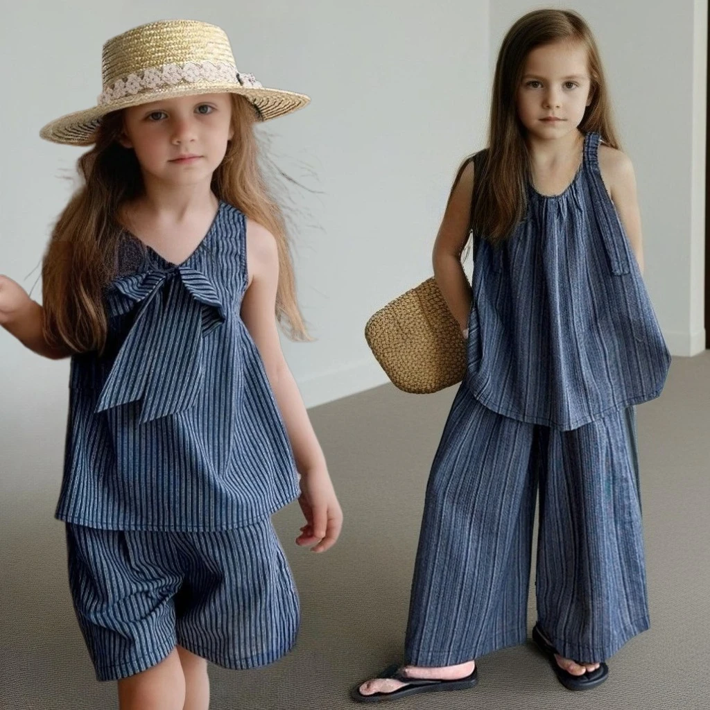 

Girls Summer Outfit Fashion Striped Vest Wide Leg Pants 2-Piece Blue Cute Casual School Kids Clothes Set Teens Vacation Costume