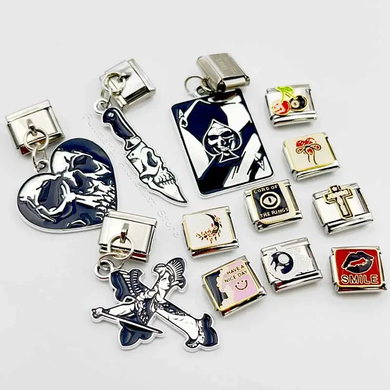 سحر الإيطالية الفولاذ المقاوم للصدأ سوار 9 مللي متر وحدة DIY الربط قلادة الظلام الشرير كول الجمجمة رئيس صنع المجوهرات للرجال النساء