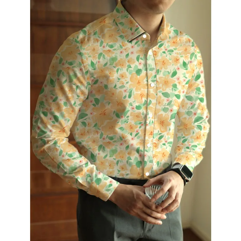 Camisa elegante de manga comprida para homens, fibra elástica com estampa floral tropical, ajuste regular, design de fecho, conforto durante todo o ano e d