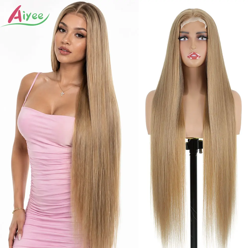 36 Inch 4x4 Lace Closure Wig Honey Blonde Middle Part Silky Straight Pre Plucked Lace Frontal High‑Temperature Synthetic Fiber