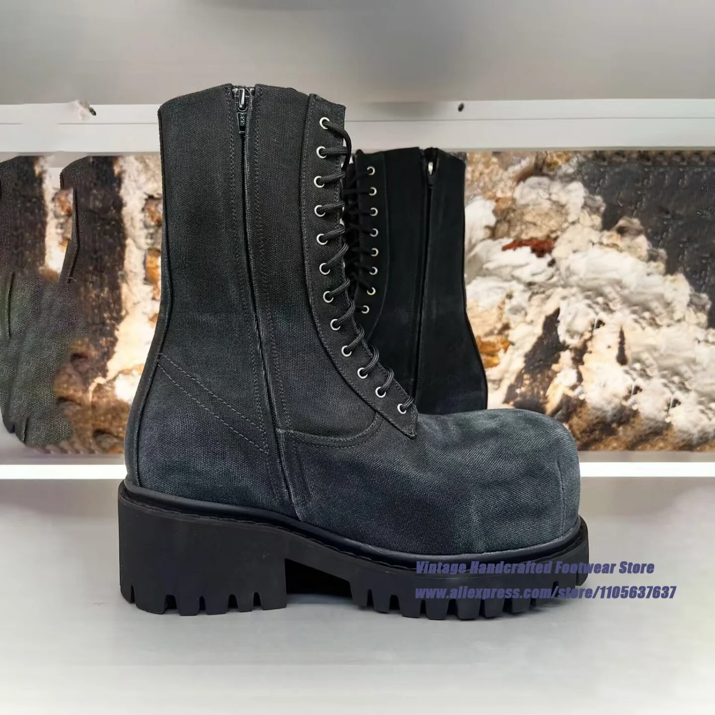 

Black Denim Platform Lace Up Mid Calf Men's Boots Vintage Round Toe Motorcycle Boots Thick Soled Height Increasing Men's Boots