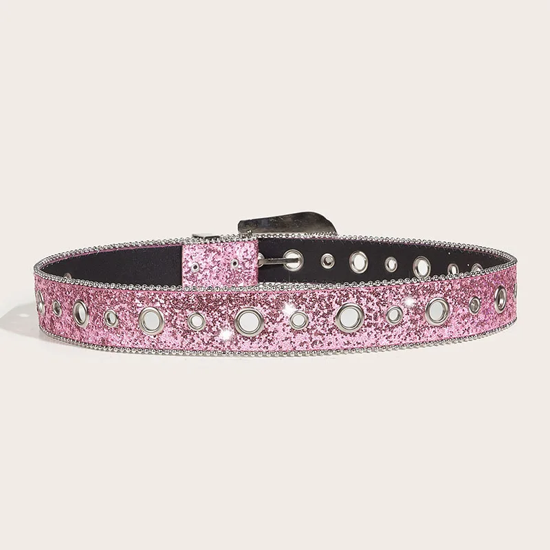 Fashion Sequin Pink Rhinestone Belt for Women Y2K Luxury Designer Pin Buckle Waist Strap Female Jeans Trouser Decor Waistband