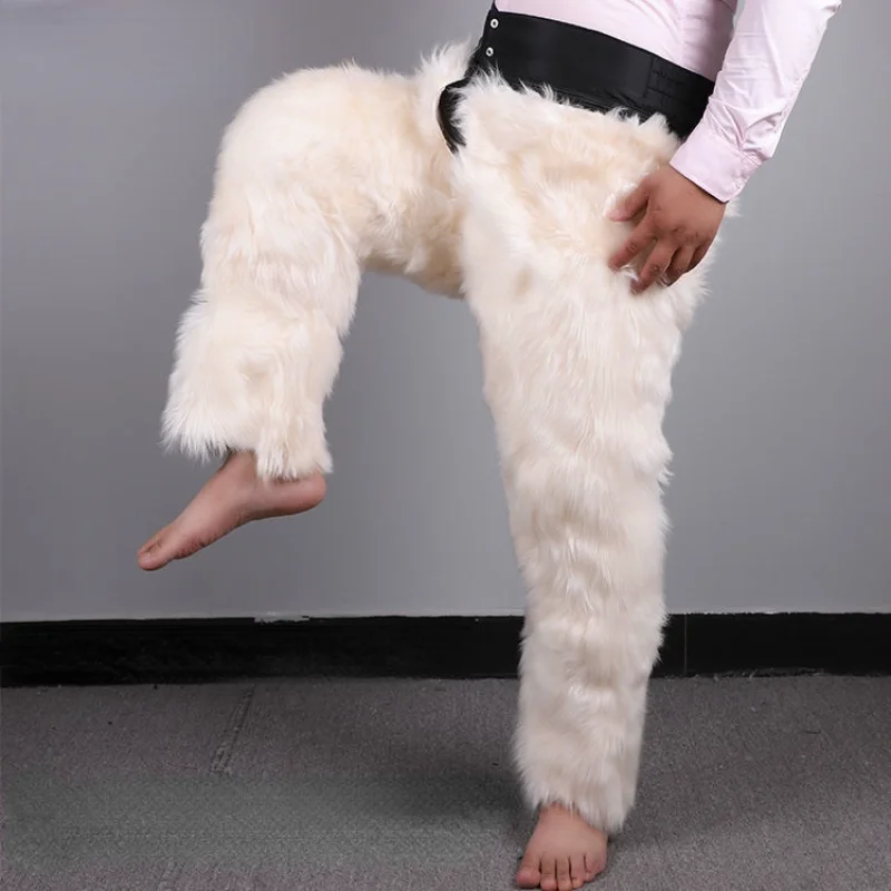 Thicken and Keep Warm In Winter Long Wool Sheepskin Pants One Piece of Fur Men's and Women's High Waist Wool Liner Pants