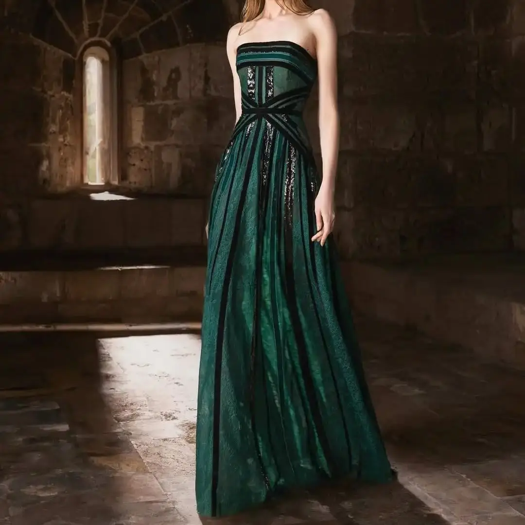 

Ofherown A-Line Strapless Dark Green Evening Dresses Long Tulle Party Prom Gowns فستان حفلة رسمي Customized