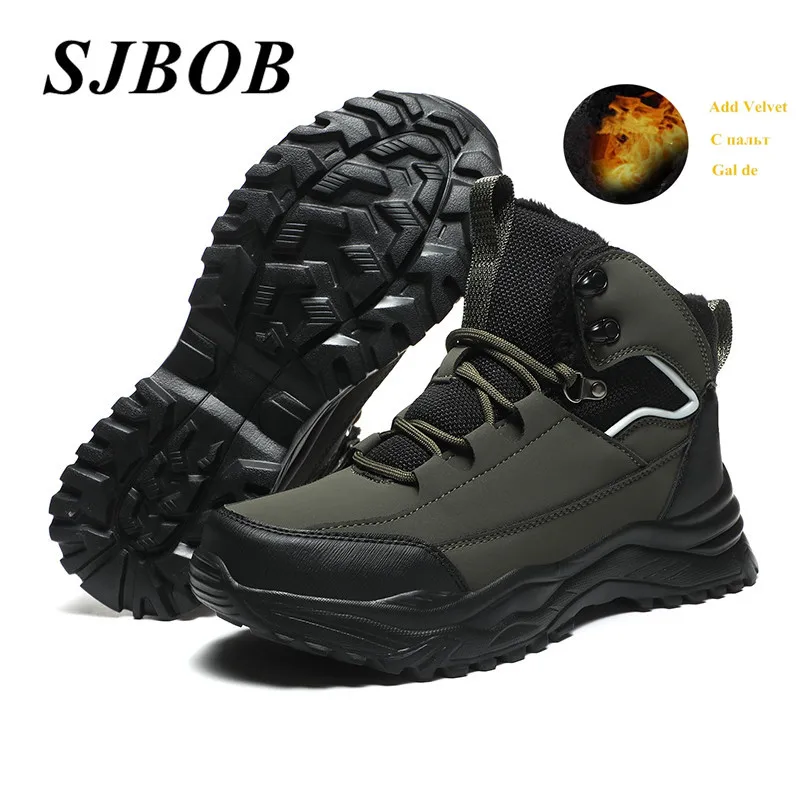 

Winter Fur Warm Men's Hiking Boots Green High Top Men's Trekking Shoes Comfortable Anti-Slip Snow Boots For Men Outdoor Sneakers