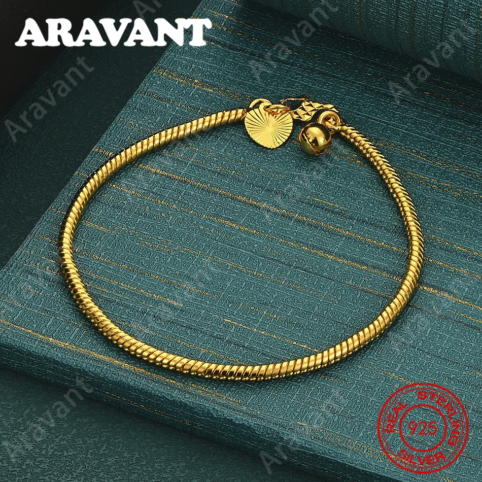 925 Sterling Silver Gold-Tone Snake Chain Bracelet With Heart-Shaped Bell – A Unique, Versatile Jewelry Gift For Women