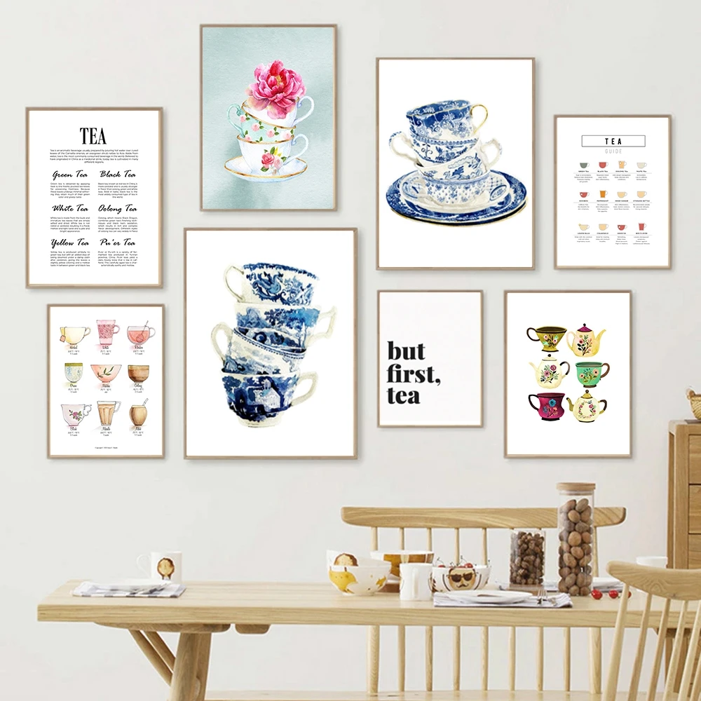 Vintage Teetassen Aquarell-Kunstdrucke Blau-Weiße Weiden-Teetasse China-Kunst Leinwandgemälde Wandbilder Poster Heim-Deko