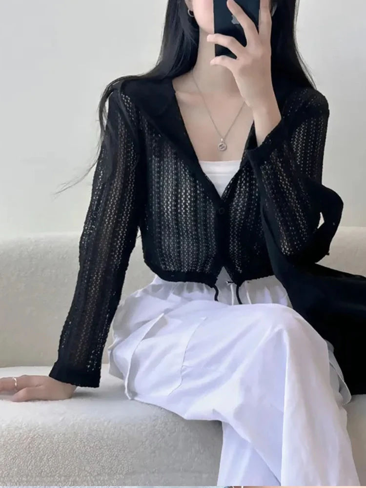 เกาหลีSle Hooded Hollow OutเชือกDstring Orผู้หญิงOuterwearต้นฤดูใบไม้ร่วงบางครีมกันแดดTop Coat