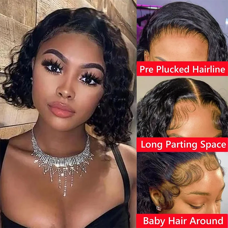 딥 웨이브 밥 가발 인모 13x4 짧은 곱슬 밥 가발 14인치 워터 웨이브 가발 13x6 투명 레이스 프론트 인모 가발
