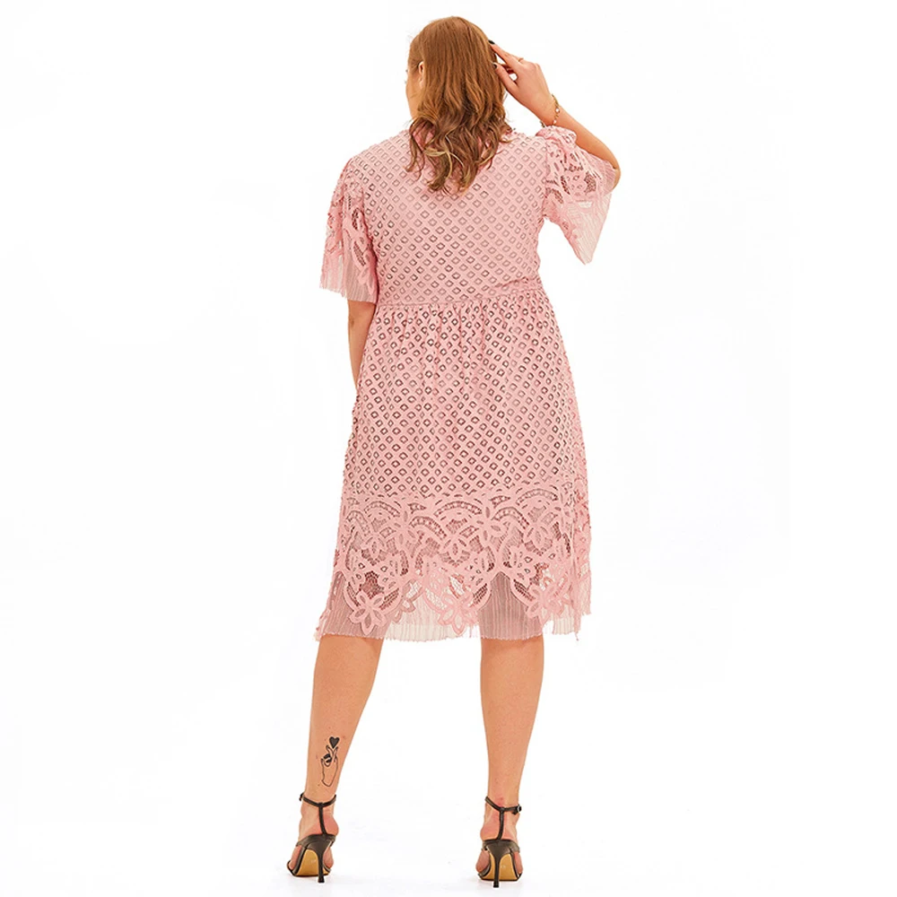 Summer Midi Dresses Woman 2022 Plus Size Casual Loose Short Sleeve Dress Elegant Lace Mesh Evening Dresses Large Size Robe Femme