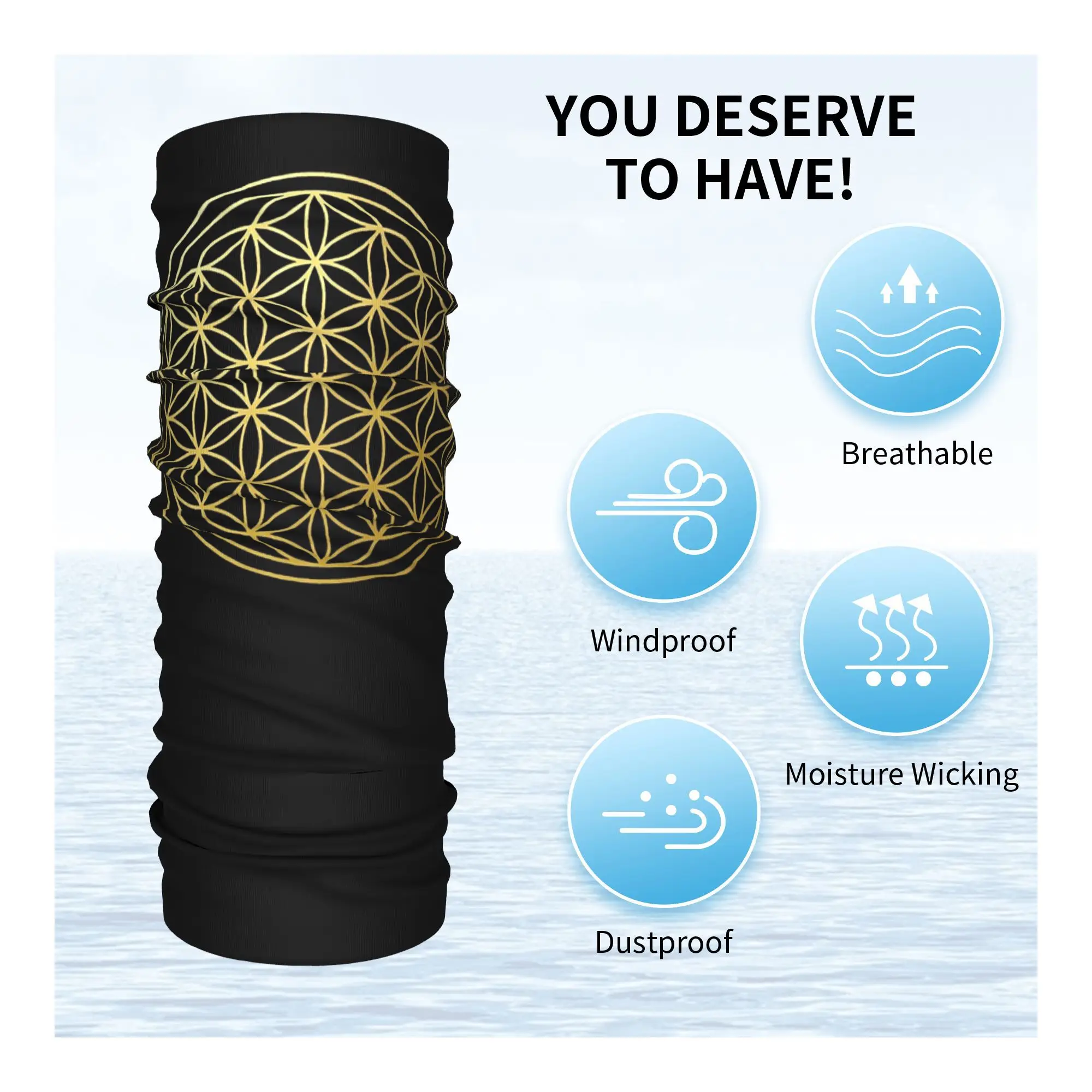 フラワーオブライフゴールド曼荼羅バンダナネックカバープリントマジックスカーフ暖かい帽子乗馬ユニセックス大人通気性