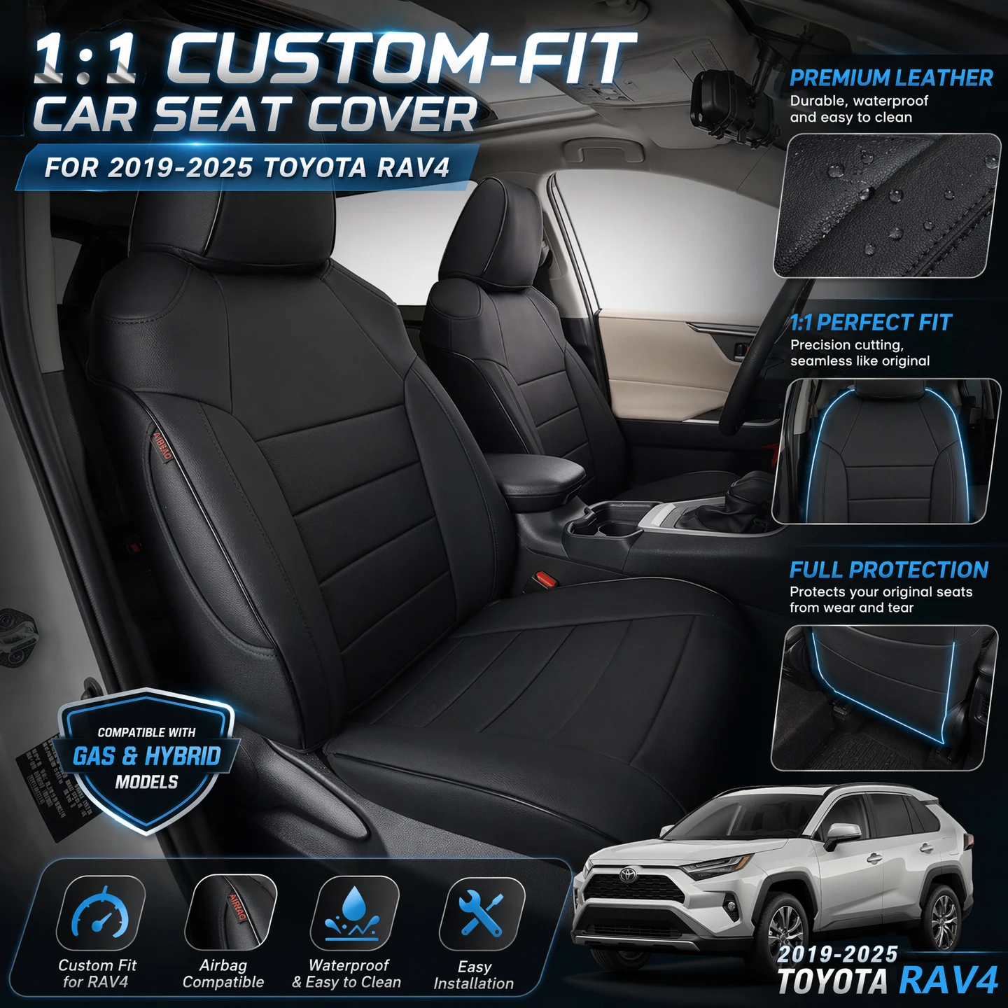 

EKR Custom Fit for Toyota Rav4 Car Seat Covers (Gas/Hybrid) 2019 2020 2021 2022 2023 2024 2025 LE/XLE/XLE Premium/Limited