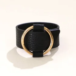 Kirykle Punk Charm Wide Black Leather Bracelets Multicolor Metal golden Big Circle Wrap Bangles Femme Jewelry Gift